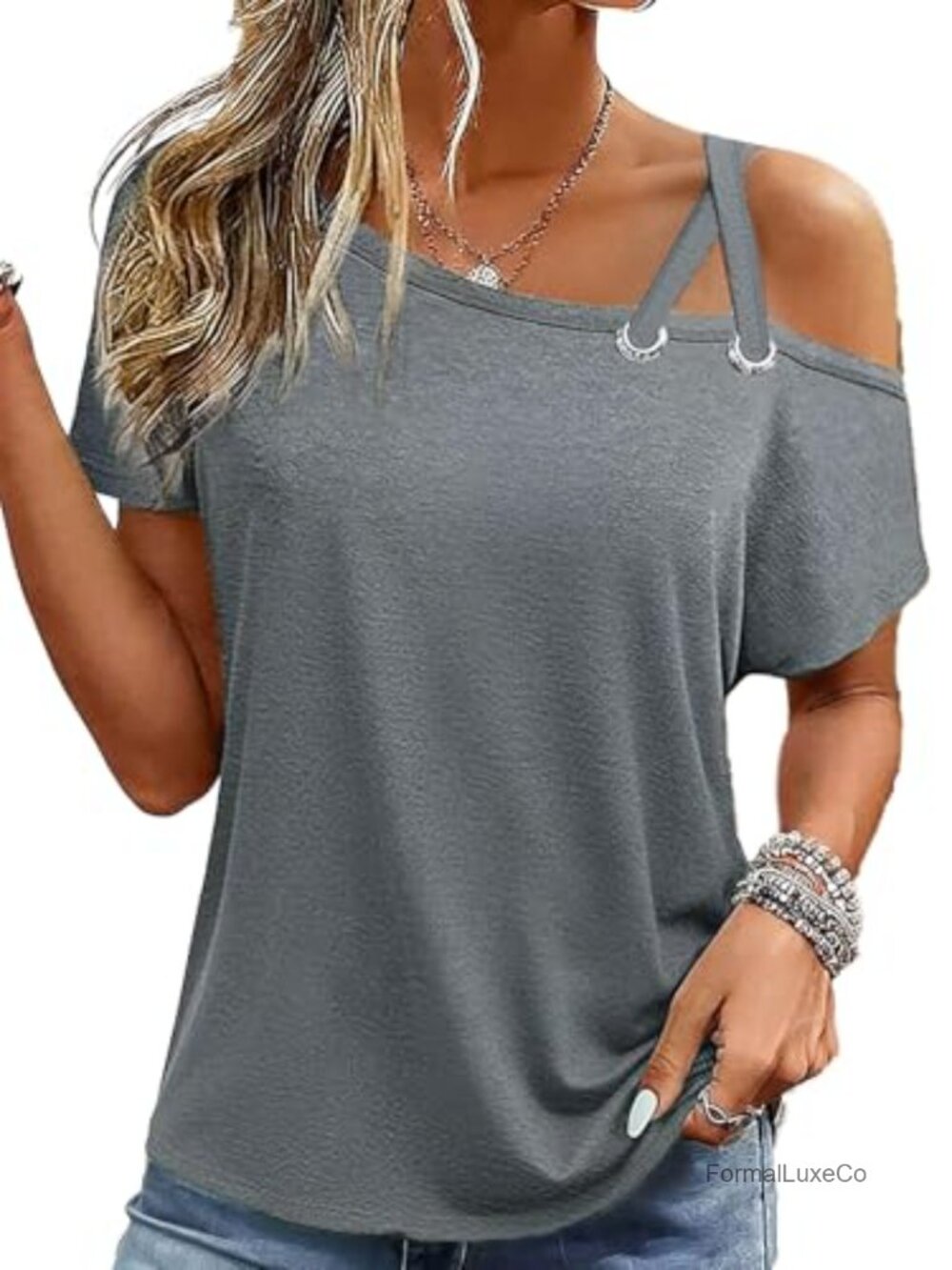 One Shoulder Short Sleeve Top Relaxed Fit Eyelet Polyester Spandex